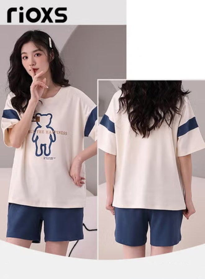 ريوكس طقم بيجامة مطابق للأزواج من قطعتين، بيجامة قطنية ناعمة ومسامية بأكمام قصيرة للرجال، قمصان فضفاضة بأكمام قصيرة ورقبة مستديرة وشورتات واسعة، طقم ملابس منزلية مريح وعصري للاستخدام في الفنادق والعطلات المنزلية وحفلات البيجامة وغيرها، باللونين الأبيض والأزرق - Image 4